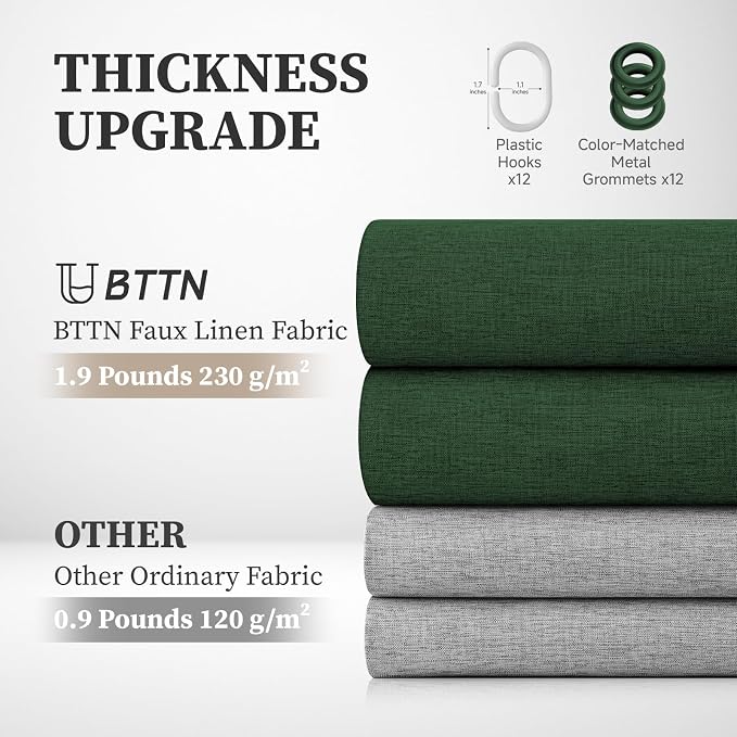 72x90 Linen Textured Waterproof Fabric Shower Curtain, Emerald Green | Long Size, 230GSM Polyester, Heavy Duty Cloth, Weighted Hem, 12 Plastic Hooks, Modern Luxury Hotel Style, Machine Washable