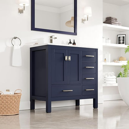 Eviva London 36 in. Blue Single Sink Bath Vanity with Carrara Quartz Top and Undermount Porcelain Sink
