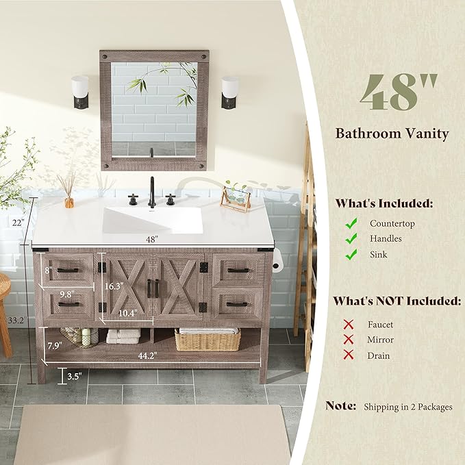 AMERLIFE 48” Farmhouse Bathroom Vanity with Sink, Freestanding Cabinet with 4 Drawers, Double Barn Doors & Open Shelf, Rustic Storage for Master or Family Bathroom, Light Gray