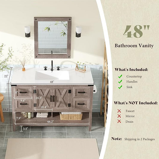 AMERLIFE 48” Farmhouse Bathroom Vanity with Sink, Freestanding Cabinet with 4 Drawers, Double Barn Doors & Open Shelf, Rustic Storage for Master or Family Bathroom, Light Gray