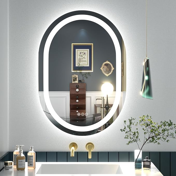 OKPAL 24x32 Oval LED Bathroom Mirror, Lighted Mirror for Bathroom Wall, Oval Bahtroom Mirror with Lights, Anti-Fog, Shatter-Proof, Dimmable, Memory, 3 Colors (Front Lights + Backlit)