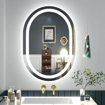 OKPAL 24x32 Oval LED Bathroom Mirror, Lighted Mirror for Bathroom Wall, Oval Bahtroom Mirror with Lights, Anti-Fog, Shatter-Proof, Dimmable, Memory, 3 Colors (Front Lights + Backlit)