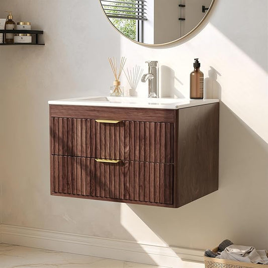 24 Inch Floating Bathroom Vanity with Sink, Bathroom Wall Cabinet with 2 Fluted Drawers & Metal Handle, Wall Mounted Cabinet for Bathrooms (Brown, 24 inch, with Sink)