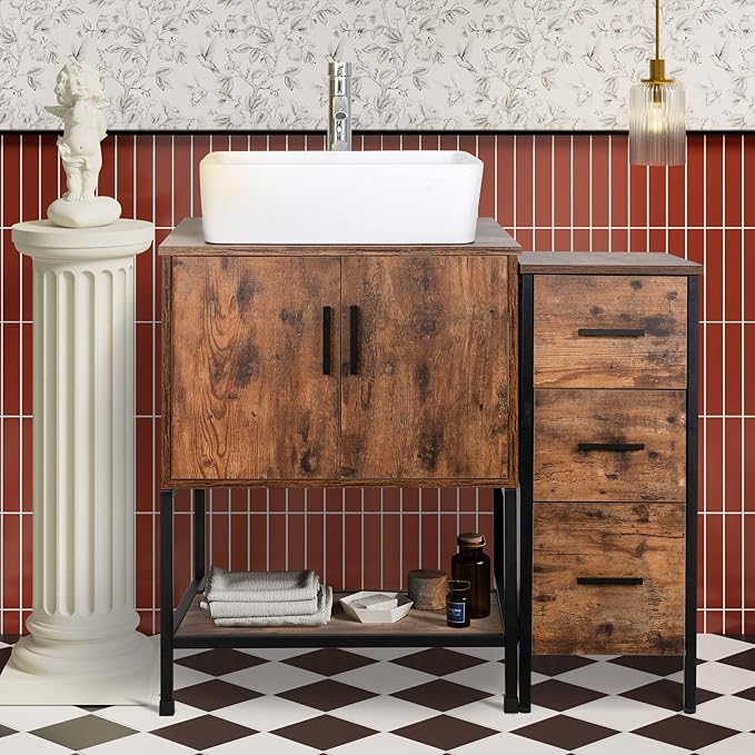 UEV 36" Antique Bathroom Vanity, Dark Brown Bathroom Vanity Set with Sink and 3 Drawers Side Cabinet Combo, Iron Wood Bathroom Cabinet with Adjustable Water Temperature Faucet (T03)