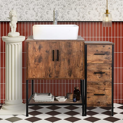 UEV 36" Antique Bathroom Vanity, Dark Brown Bathroom Vanity Set with Sink and 3 Drawers Side Cabinet Combo, Iron Wood Bathroom Cabinet with Adjustable Water Temperature Faucet (T03)