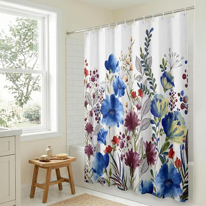 Americanflat 71x74 Floral Shower Curtain - Water-Resistant Long Shower Curtain with Metal Grommets and 12 Hooks - 100% Polyester - Botanical Bathroom Curtains - Blue, Purple, Crimson, Green and White