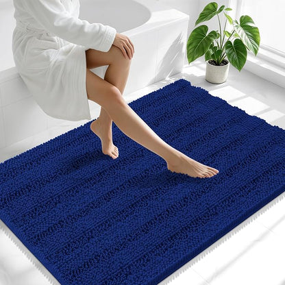 Smiry Thick Chenille Large Bathroom Runner Rugs 44x32, Soft Bath Mat, Navy | Quick‑Dry & Machine Washable, Non‑Slip Bath Carpet, Striped Bath Rugs for Tub & Shower, Modern Home Decor Accessories