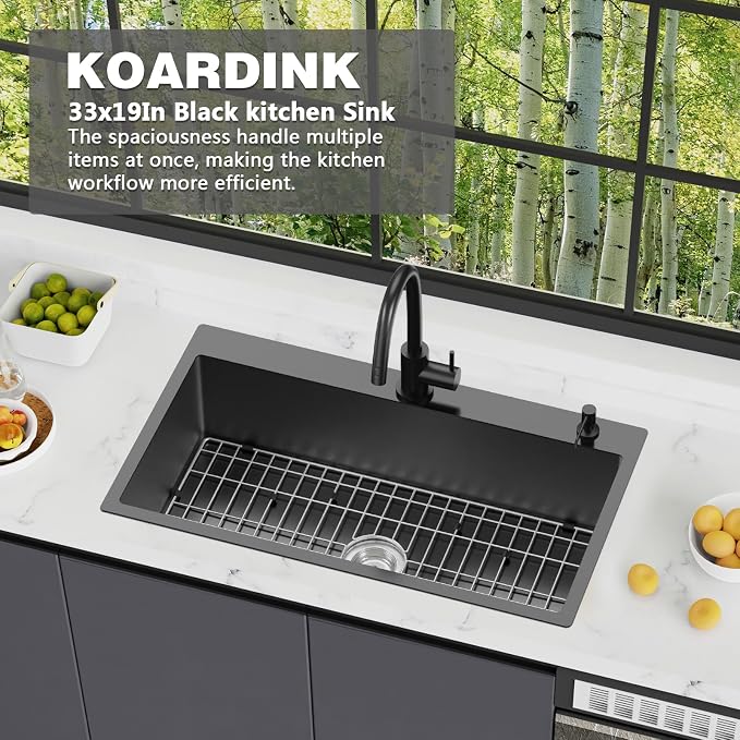 Black 33x19In Drop In Kitchen Sink, Stainless Steel, Single Bowl | Modern Topmount Kitchen Sink Combo, Include SS Grid,Silicon Mat,Drain Strainer Set, Compatibility With Various Kitchen