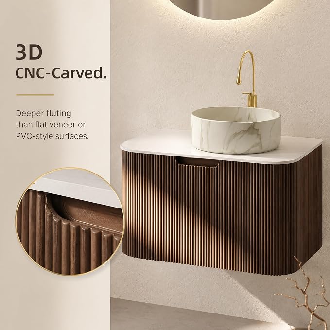 30 Inch Bathroom Vanity with Sink, Floating Wall Mounted Single Sink Vanity, Dark Walnut Curved Fluted Front, Stone Top, Marble-Look Round Vessel Basin, Pre-Assembled