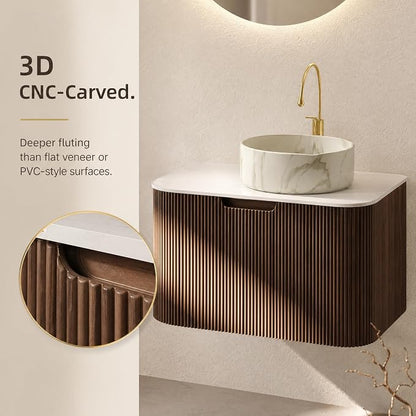 30 Inch Bathroom Vanity with Sink, Floating Wall Mounted Single Sink Vanity, Dark Walnut Curved Fluted Front, Stone Top, Marble-Look Round Vessel Basin, Pre-Assembled