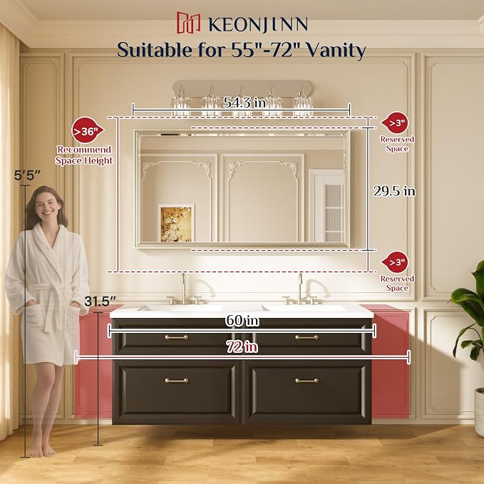 Keonjinn 55" x 30" Black Bathroom Vanity Mirror, Aluminum Alloy Frame | Safe Tempered Glass with Beveled Edge, Secure French Cleat, Rectangle Wall Mirror for Over Sink, Hallway, Living Room Decor