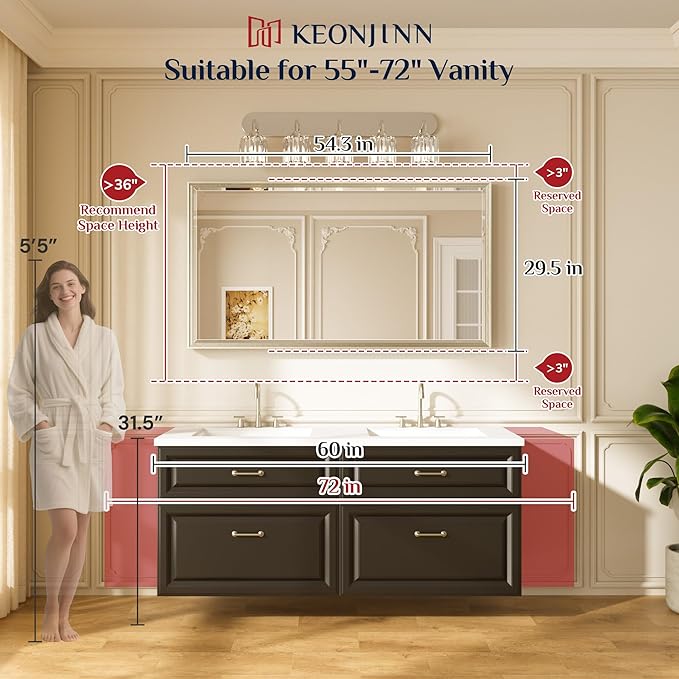 Keonjinn 55" x 30" Brushed Nickel Bathroom Mirrors for Over Sink, Aluminum | Tempered Glass Beveled Edge, Scratch Resistant Metal Frame, French Cleat, Silver Bathroom Vanity Mirror(Vertical/Horizontal)
