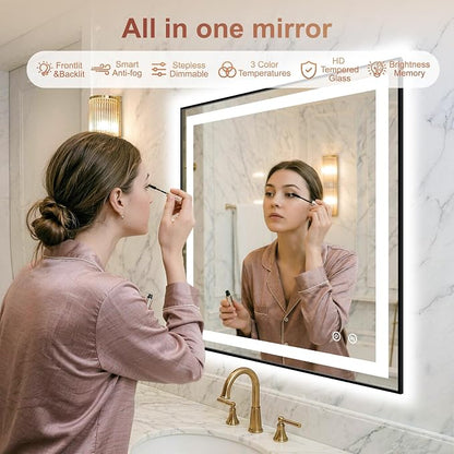 LED Bathroom Mirror with Lights, 30"x30" Black Framed Lighted Vanity Mirror | Anti-Fog, Dimmable 3 Color Temperature, Front & Backlit, Memory Function, Shatterproof Tempered Glass