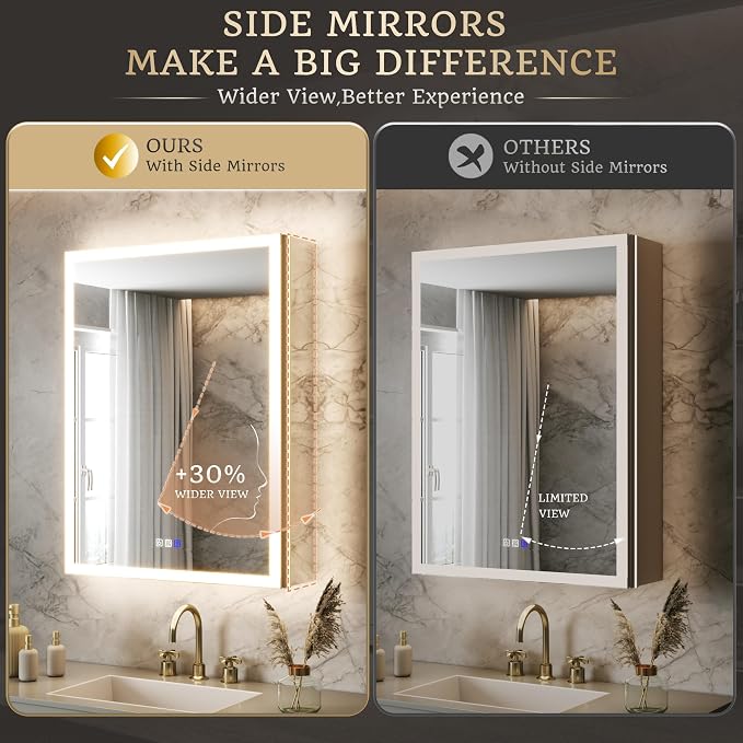 24x32 Lighted Medicine Cabinet, Separate Front & Back Lights | Surface/Recessed LED Medicine Cabinet for Bathroom with Side Mirrors, Dimmable Light, Anti-Fog, Memory,Silver Aluminum Frame