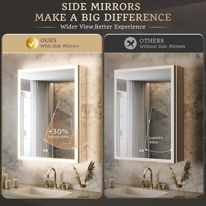 24x32 Lighted Medicine Cabinet, Separate Front & Back Lights | Surface/Recessed LED Medicine Cabinet for Bathroom with Side Mirrors, Dimmable Light, Anti-Fog, Memory,Silver Aluminum Frame