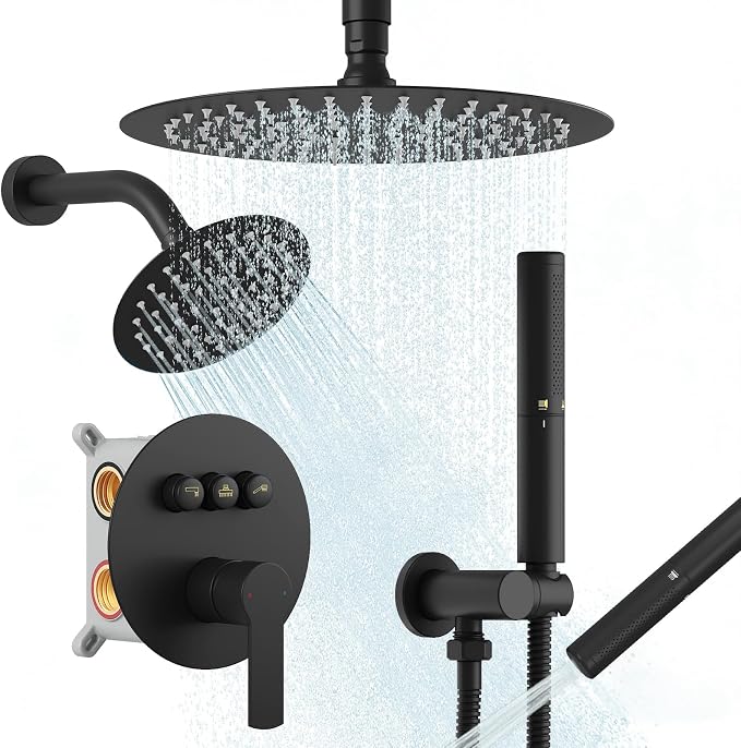 BESy Shower Faucet Fixtures Set for Bathroom, 10 & 6 In Round Dual Rain Shower Head, Ceiling & Wall Mounted Rainfall Shower System, Push Button Diverter Shower Valve with 2 in 1 Handheld, Matte Black