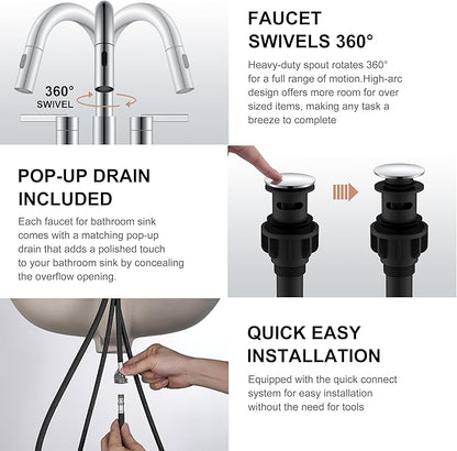 KENES Chrome Centerset Bathroom Faucet with Pull Down Sprayer, 4 Inch 2 Handle Pull Out Bathroom Faucet 3 Hole, Bathroom Sink Faucet with Pop Up Drain & Supply Lines LJ-9069-5