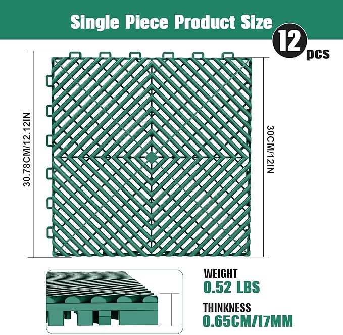 12-Pcs Interlocking Tile, 12" x 12" Indoor/Outdoor Self-Drainage Interlocking Floor Tiles, Non-Slip Heavy-Duty Polypropylene Splicing Flooring Tile for Garage Patio Pool Bathroom, Green