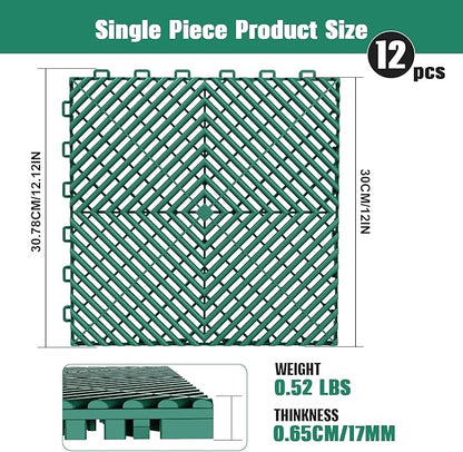 12-Pcs Interlocking Tile, 12" x 12" Indoor/Outdoor Self-Drainage Interlocking Floor Tiles, Non-Slip Heavy-Duty Polypropylene Splicing Flooring Tile for Garage Patio Pool Bathroom, Green