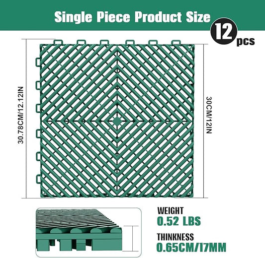12-Pcs Interlocking Tile, 12" x 12" Indoor/Outdoor Self-Drainage Interlocking Floor Tiles, Non-Slip Heavy-Duty Polypropylene Splicing Flooring Tile for Garage Patio Pool Bathroom, Green