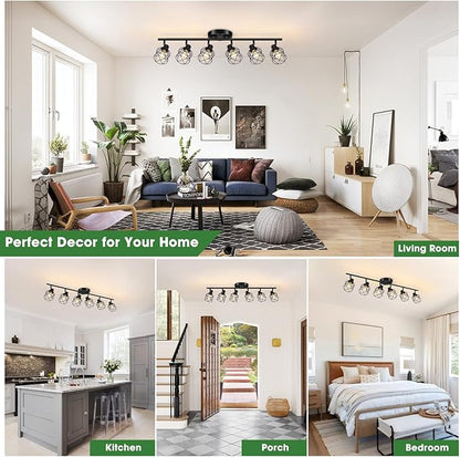 6-Lights Black Semi Flush Mount Ceiling Light, Multi-Directional Ceiling Light Fixtures, Rotatable Kitchen Track Lighting Fixtures with Wire Cages for Living Room, Dining Table, Foyer