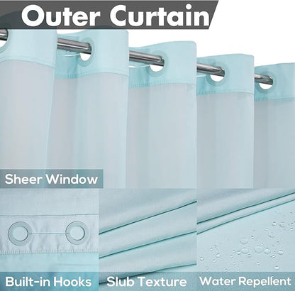 Long No Hook Slub Textured Shower Curtain with Snap-in PEVA Liner Set - 71" x 80"(78"), Hotel Style with See Through Top Window, Blue Fabric Curtain & Waterproof Liner, Blue, 71x80