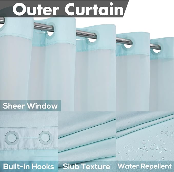 River Dream No Hook Long Shower Curtain with Snap-in Liner 71x80, Blue | Snap on/off Waterproof PEVA Liner, See Through Top Window, Slub Textured, Hotel Style Shower Curtain Set, 71W x 80H