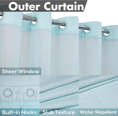 River Dream No Hook Long Shower Curtain with Snap-in Liner 71x80, Blue | Snap on/off Waterproof PEVA Liner, See Through Top Window, Slub Textured, Hotel Style Shower Curtain Set, 71W x 80H