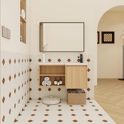 KEIKI 35.5" Corner Floating Bathroom Vanity with Resin Gel Coat Integrated Sink, L-Shaped Wall-Mounted Vanity, Soft-Close Door & Left Open Shelves, Space-Saving Modern Vanity, Oak Finish, Apricot‌1