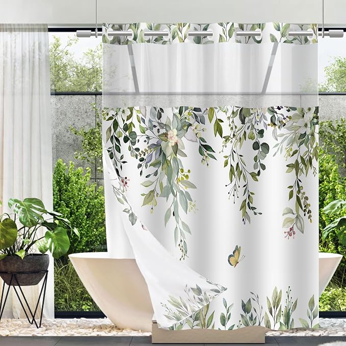 No Hook Shower Curtain and Liner Set, Sage Green Eucalyptus 71x84 | Floral Design, with Snap in Liner, Waterproof, Machine Washable, Quick-Drying, for Hotel Bathroom