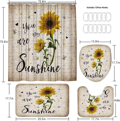 AZHM 4pcs Sunflower Shower Curtain Set with Rugs You are My Sunshine Bathroom Decor Set Bathroom Curtains Shower with 12 Hooks