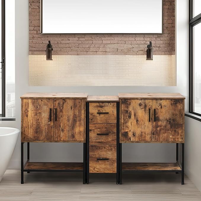 UEV Rustic Brown 60" Double Bathroom Vanity with Sink Combo,Industrial Iron Frame 2 Main Bathroom Vanity with Middle 3 Drawers Cabinet(Without Sink Combo)