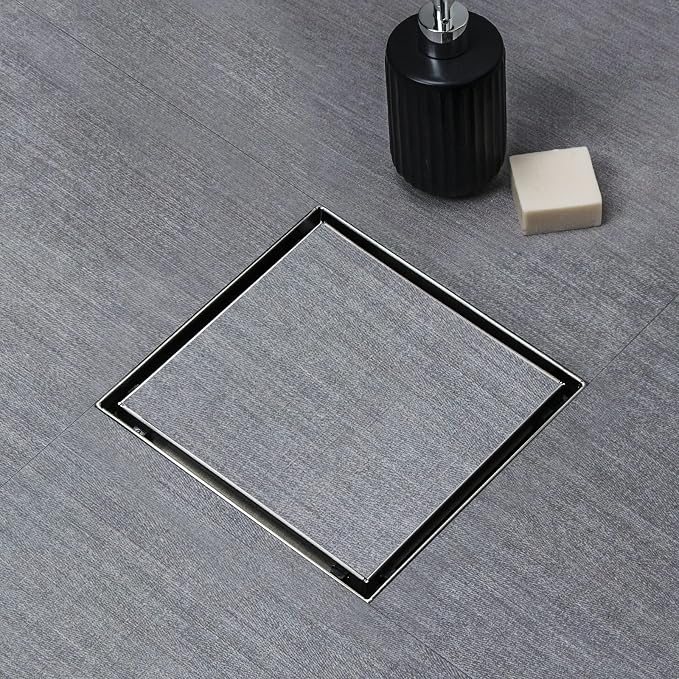 SaniteModar Shower Drain 4 inch Brushed with 2 in1 Tile Insert Cover | 304 Stainless Steel Brushed Square Shower Drain with Hair Catcher and Threaded Adapter