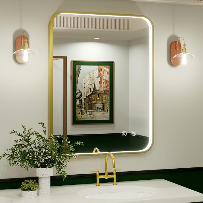 28x36 Inch Gold LED Bathroom Mirror with Lights,3000K/4500K/6000K | Stepless Dimmable, Anti-Fog, Memory Funtion, Aluminum Frame Wall Mount Lighted Vanity Mirror, ETL Listed, Horizontal/Vertical