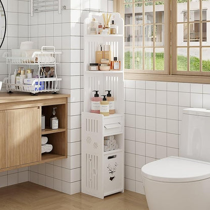 VECELO Storage Cabinet for Small Spaces,Skinny Toilet Paper Holder Stand with 3 Shelves,No Drills, (White, 3Shelf+1Drawer)