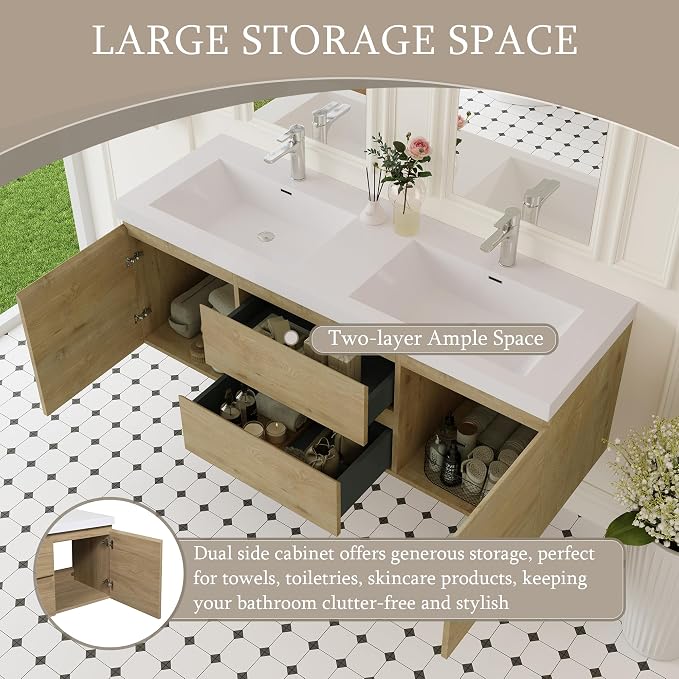 60 Inch Floating Bathroom Vanity with Double Sink, Large Storage Wall Mounted Floating Vanity with Soft Close Drawers, One-Piece Basin Bathroom Sink Cabinet (Natural Oak, 60" Double Sink)