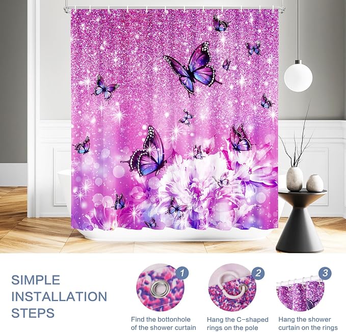 Modern Shower Curtain, Flower Butterfly Shower Curtain Purple Shower Curtain Sets Waterproof Polyester Fabric Machine Washable Home Farmhouse Office Decor Bath Curtains