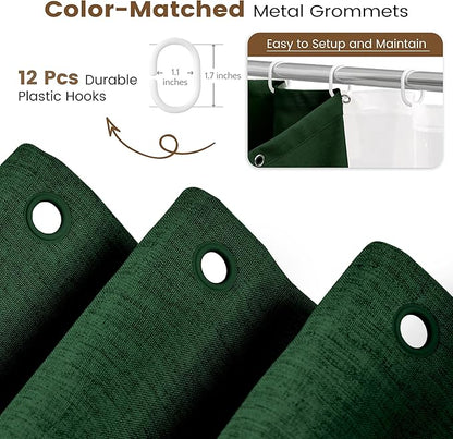 BTTN 3 in 1 Shower Curtain Set, Emerald Green Linen Textured Fabric Shower Curtain and Clear Liner Set with Plastic Hook, Modern Hotel Luxury Weighted Waterproof Shower Curtain for Bathroom, 72x72