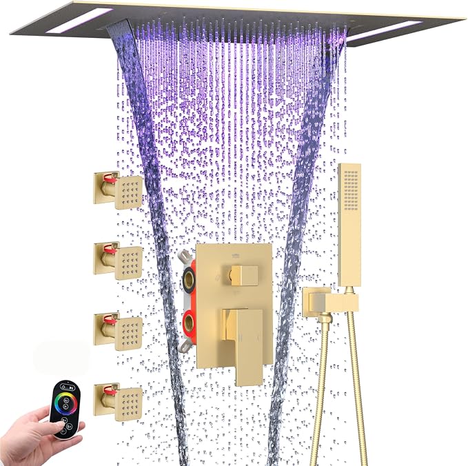 ENGA Shower System with Body Jets, 2 In 1 Functions Ceiling Mount 14x20inch LED Shower Head with 4 Body Jets, Rainfall Waterfall Shower Faucet Set, Brushed Gold