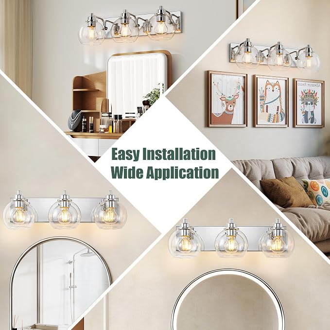3 Light Bathroom Light Fixtures-Chrome Bathroom Vanity Lights, Modern Vanity Lights 3-Light Bathroom Lighting Fixtures Over Mirror with Clear Glass Globe Shade