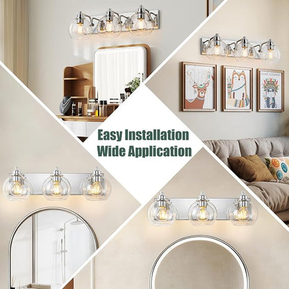 3 Light Bathroom Light Fixtures-Chrome Bathroom Vanity Lights, Modern Vanity Lights 3-Light Bathroom Lighting Fixtures Over Mirror with Clear Glass Globe Shade