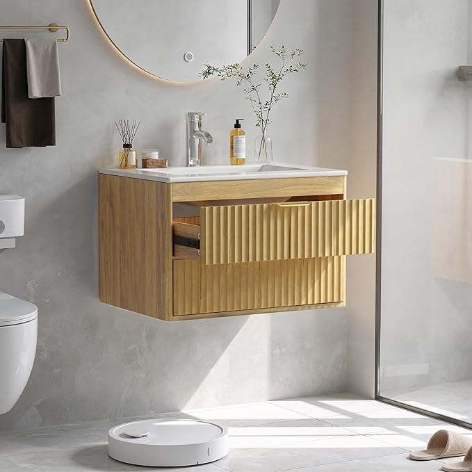 24 Inch Floating Bathroom Vanity Without Sink, Bathroom Wall Cabinet with 2 Fluted Drawers & Metal Handle, Wall Mounted Cabinet for Bathrooms (Natual Yellow, 24 inch, Without Sink)