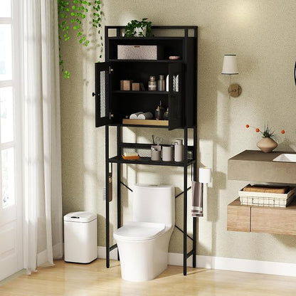 BECOMFORT 5-Tier Over the Toilet Storage Cabinet, Above Toilet Bathroom Shelf with Metal Stand, Mesh Grid Doors, Toilet Paper Holder & Hook, Freestanding Space Saver (Black)