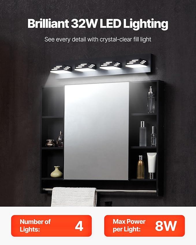 VEVOR 4-Light LED Modern Vanity Light Fixtures, 25.59-Inch, Black Finish Bathroom Wall Lighting Fixture Over Mirror, with IP44 Waterproof, for Bathroom, Living Room, Bedroom, Hallway, Cool White 6000K