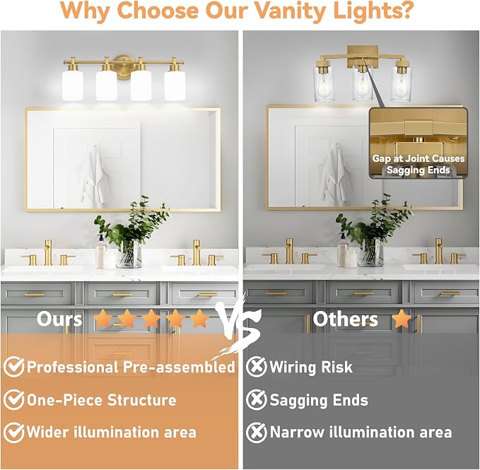 23'' 4-Light Bathroom Vanity Light, Brushed Gold Vanity Light Fixture | Modern Gold Wall Sconce with White Glass Shade, Anti-Rust Vanity Light for Bathroom over Mirror/Sink (E26, Bulb Not Include)