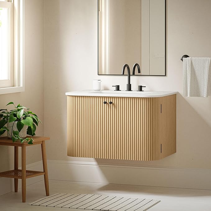 Modway Zia 30 Inch Wall-Mount Bathroom Vanity in Natural with Marble Sink Basin - Floating Bathroom Cabinet with Fluted Design