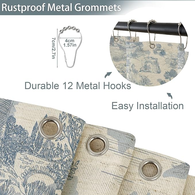 ORTIGIA Ruffle Linen Shower Curtain with Metal Hooks 72x72 Inch, Blue and White Toile de Jouy for Vintage French Country Waterproof Bathroom Decor Chateau Toile Pattern