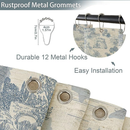 ORTIGIA Ruffle Linen Shower Curtain with Metal Hooks 72x72 Inch, Blue and White Toile de Jouy for Vintage French Country Waterproof Bathroom Decor Chateau Toile Pattern