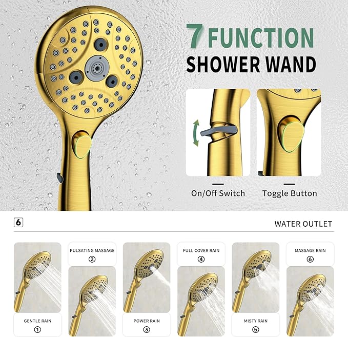Suncleanse Gold Shower Faucet Sets - 8.5" Rain Shower Head Combo with 7-Setting handheld Spray Complete Shower System - Rainfall Shower Fixtures with Rough-in Valve and Trim Kit for Luxury Bathroom
