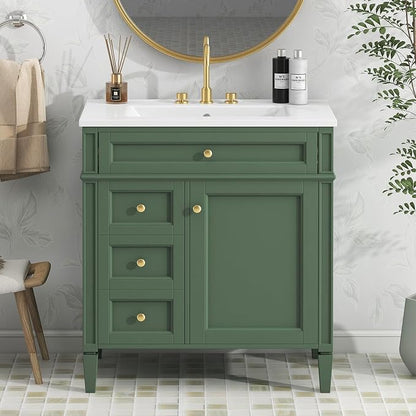 Merax 30 Inch Bathroom Vanity with Ceramic Sink, Solid Wood Frame Modern Bathroom Sink Storage Cabinet with 2 Drawers and a Tip-Out Drawer, Single Sink Bathroom Vanities, Green